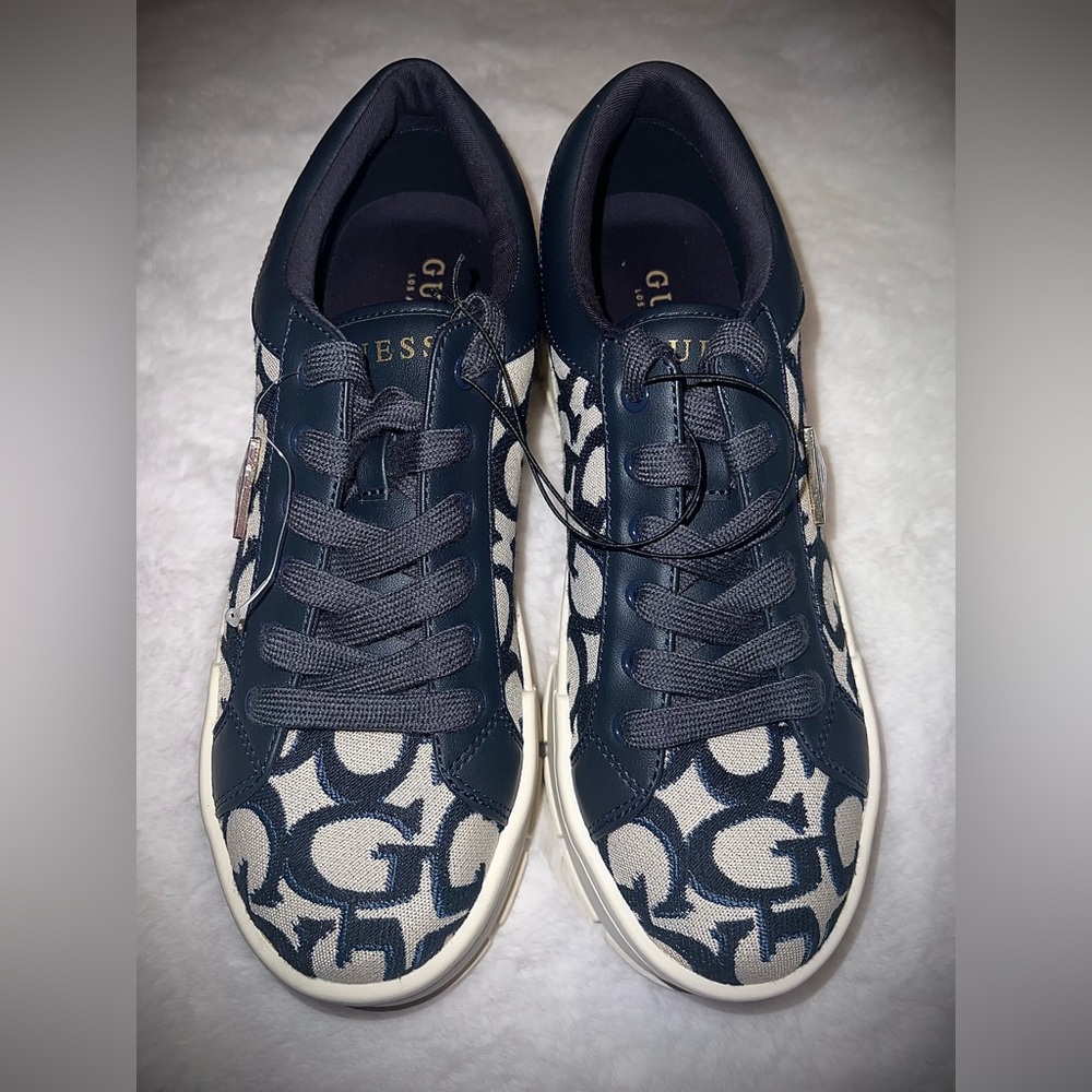 GUESS Women's Blue and Cream Patterned Platform Sneakers - Picture 3 of 10